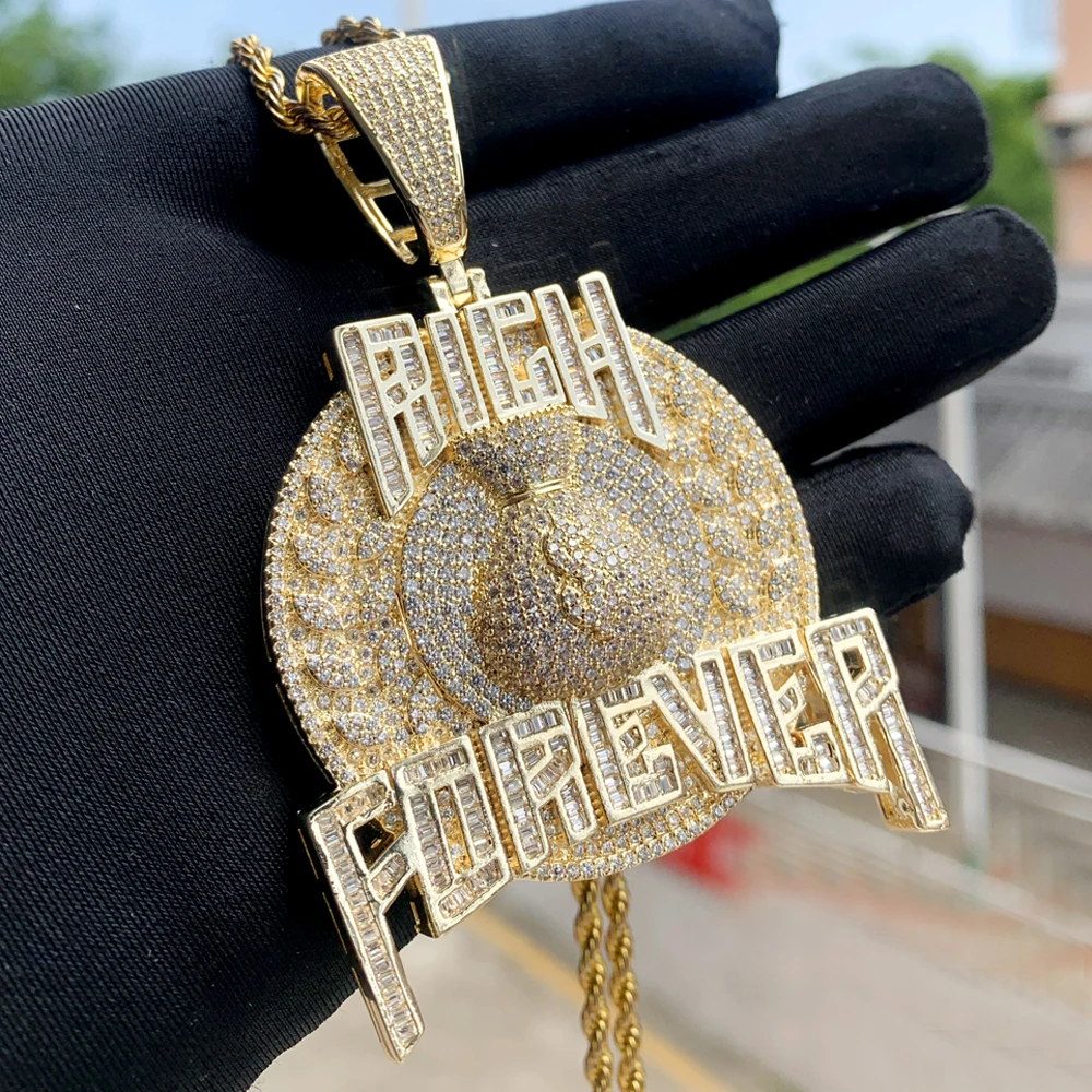 New Arrived Men Hip Hop Jewelry Iced Out Bling Sparking 5A Cubic Zirconia Rich Forever Letter Money Bag Punk Pendant Necklaces