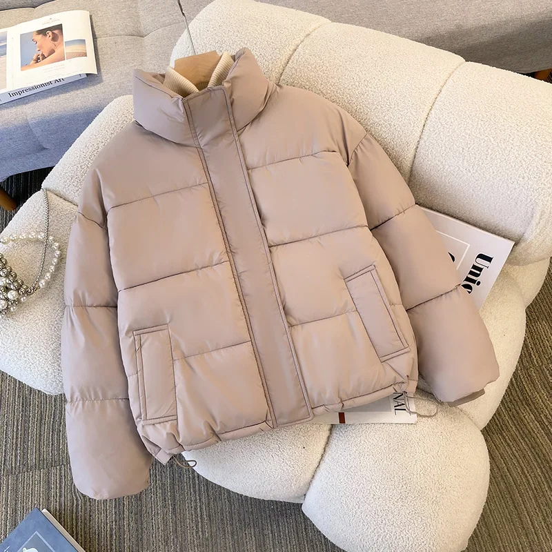 New Women's Padded Jacket 2025 Winter Female White Cotton Jacket High Collar Warm Bread Jacket Short Puffer Casual Parka Tops