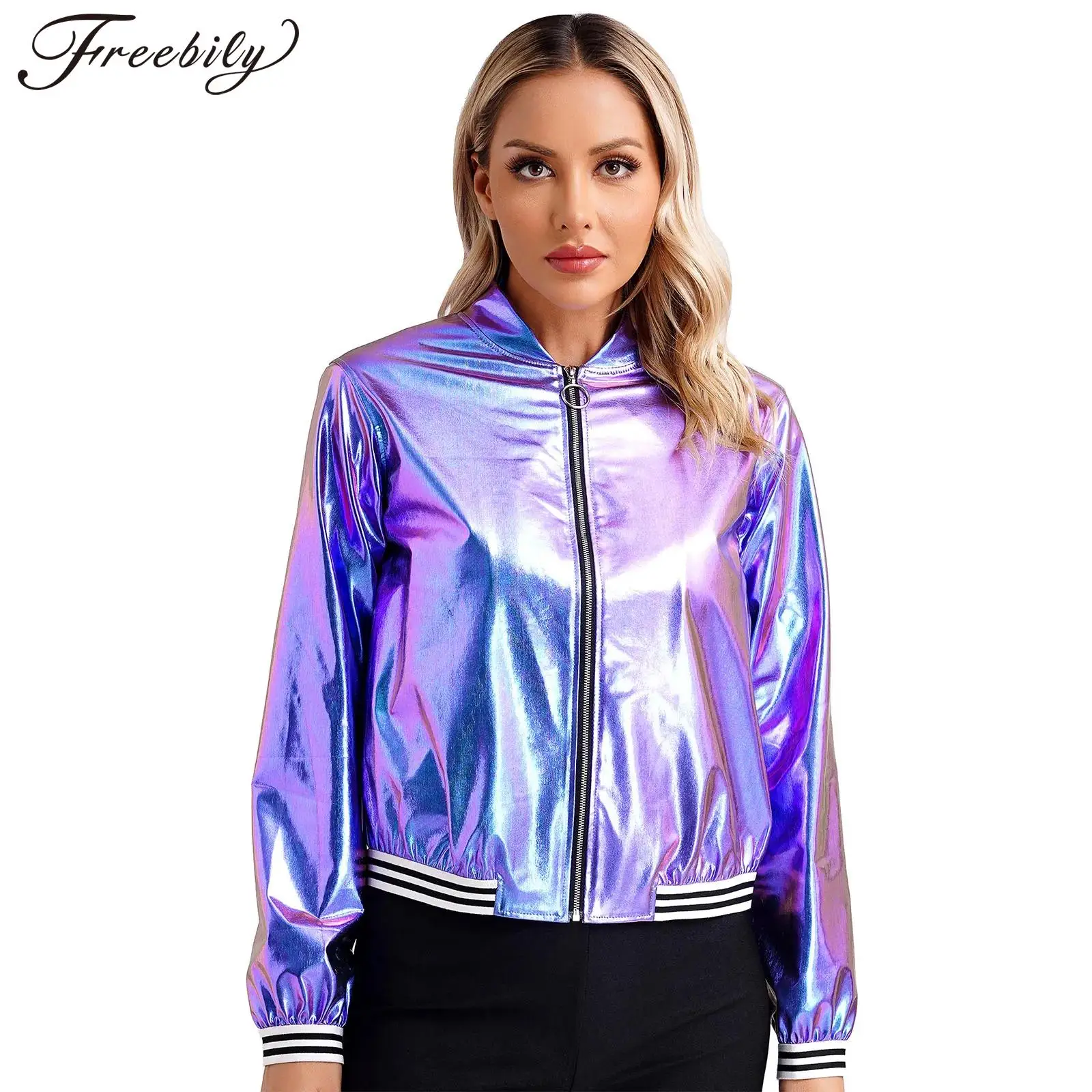 Women Metallic Shiny Baseball Jacket Long Sleeve Zipper Bomber Outerwear Fashion Casual Coat for Disco Dance Clubwear Streetwear