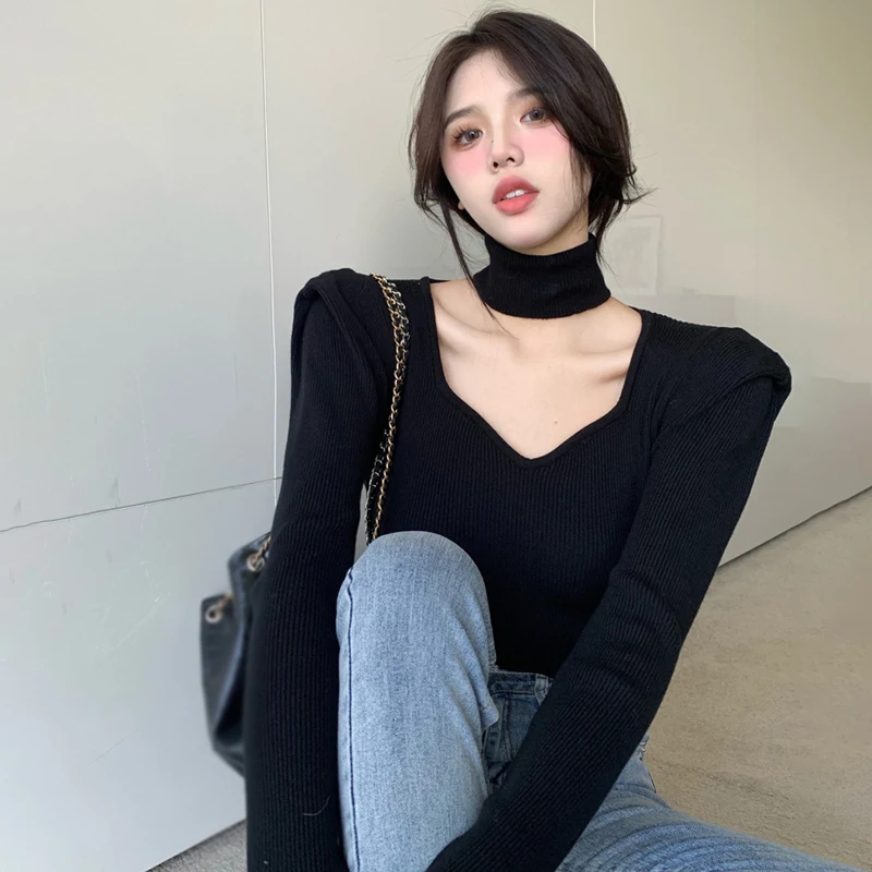 

Spring Women Korean Sweater Square Collar Bubble Sleeve Slim Fit Long Sleeve Solid Color Tops