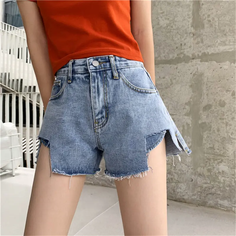 Women Fresh Low-waist Hot Stylish Irregular Solid Fur-trimmed Jeans Simple Loose Denim All Match Casual New Summer Blue Shorts