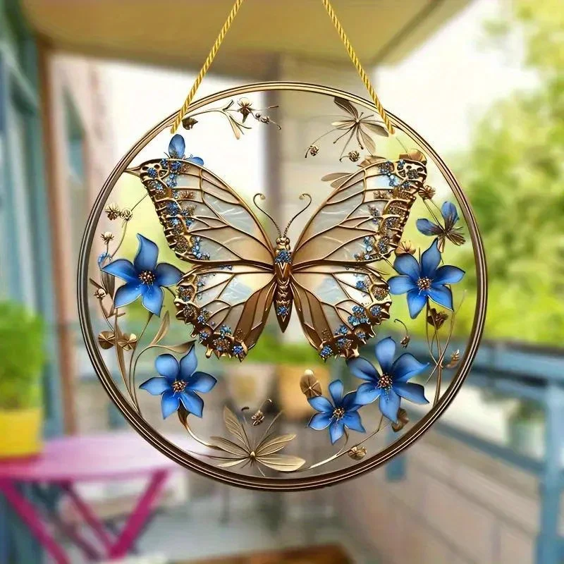 Acrylic Vibrant Purple Butterfly Suncatcher-Stained Glass-Inspired Translucent Hanging,Durable Round Sign Garden Courtyard Decor