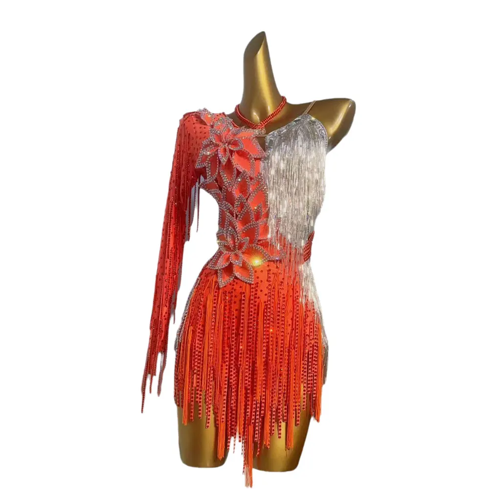 라틴 댄스 경연 대회 여성 하이 엔드 맞춤형 실버 다이아몬드 꽃 실버 체인 탱고 공연 의류 블랙 풀 드레스