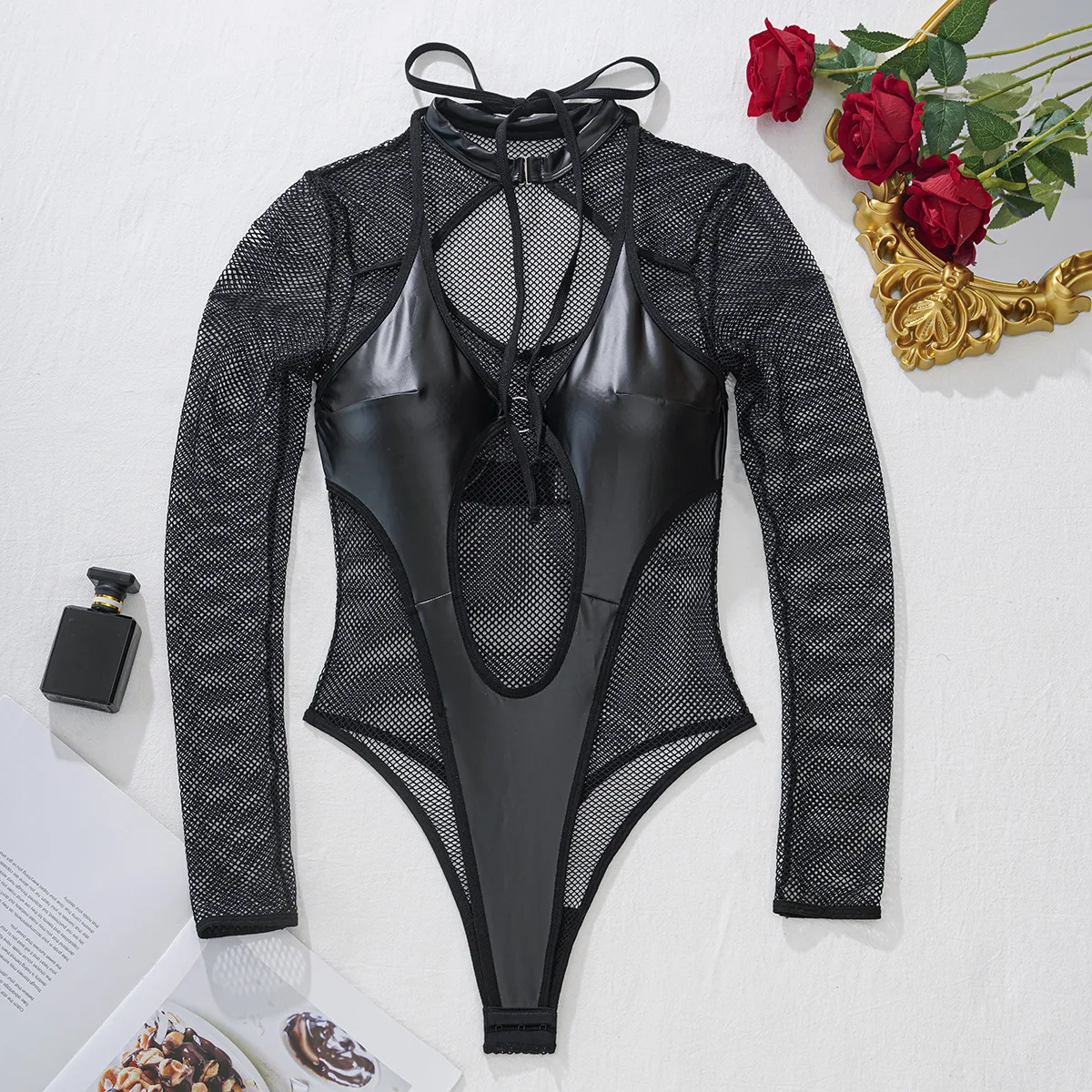 Sexy Tranparent maille PU femmes barboteuses moulante une pièce combinaison Onesie mode Streetwear creux Catsuit collants chauds
