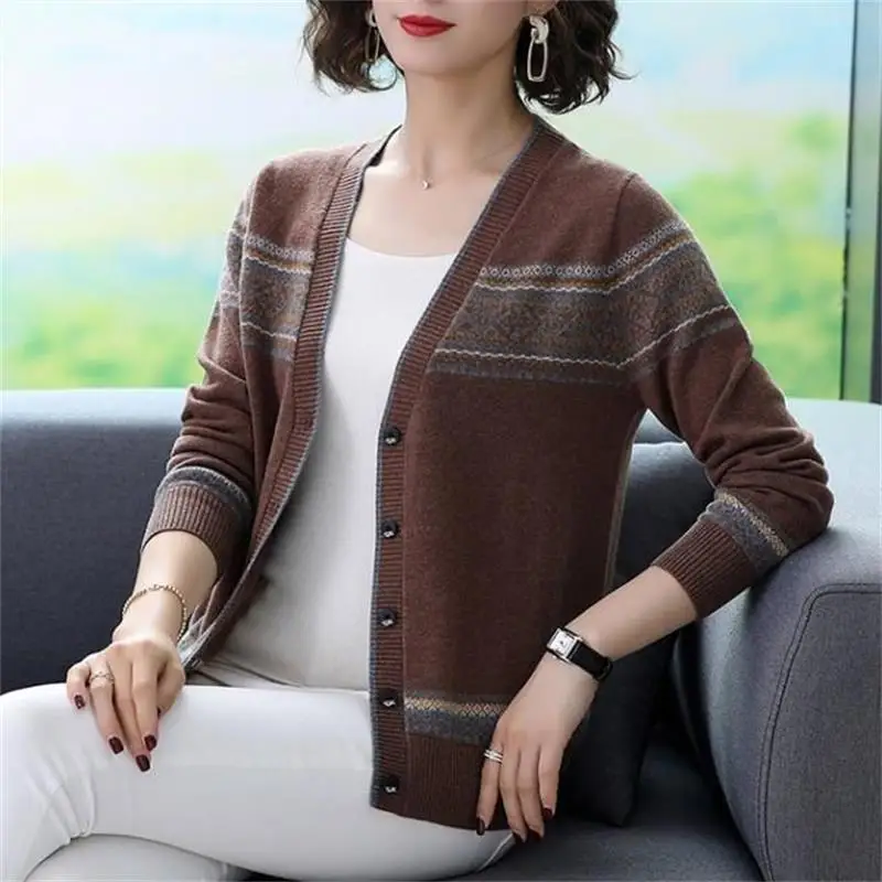 Knitting Cardigan Coat Female 2024 Autumn Winter New Women Clothing Loose V-neck Top Tee Ladies All-match Striped Sweater Tops