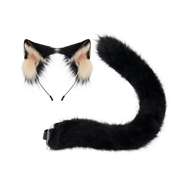 Foxes Ears Headband Tail Fuzzy Cats Ears Headband Tail Halloween Cosplay Party Cats Costume Accessories for Kid Adult