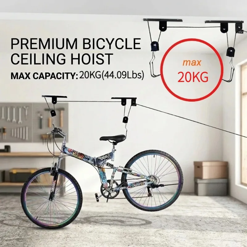 20kg Bearing Heavy Duty Bike Hoist Overhead Garage Ceiling Bike Rack Pulley System Bicycle Storage Hanger