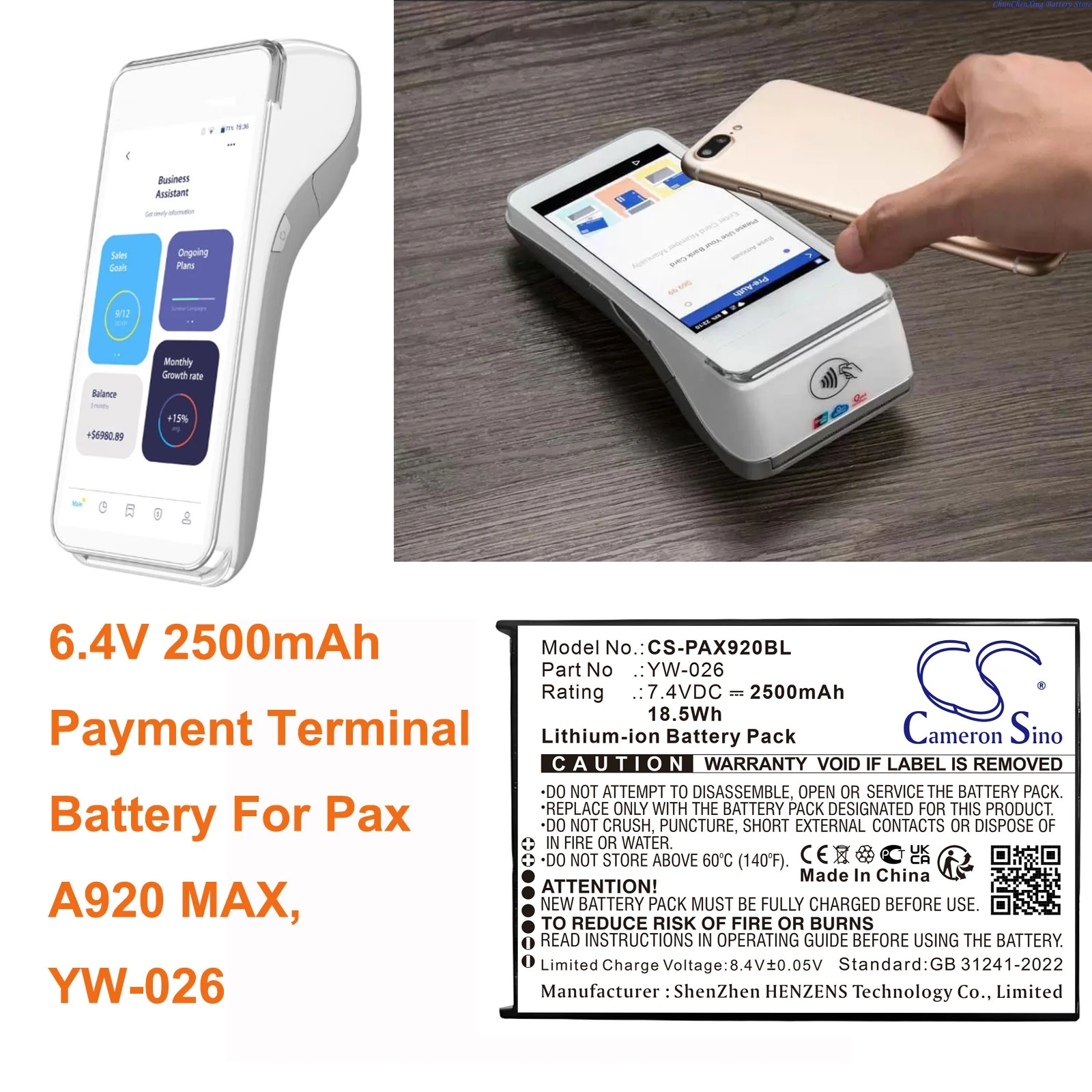 

Cameron Sino 6.4V 2500mAh CS-PAX920BL Payment Terminal Battery YW-026 for Pax A920 MAX