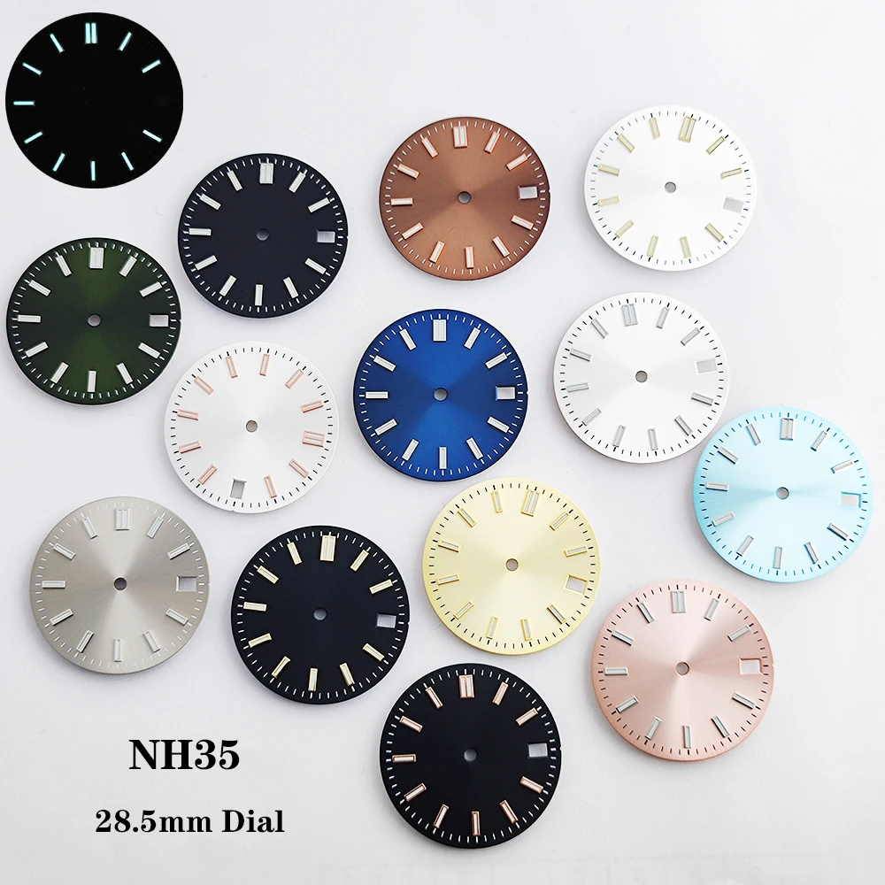 NH35 Watch Dial 28.5mm Custom Logo Sunray Dial Fit NH35/NH36 Automatic Movement Blue Luminous Watch Modification Accessories