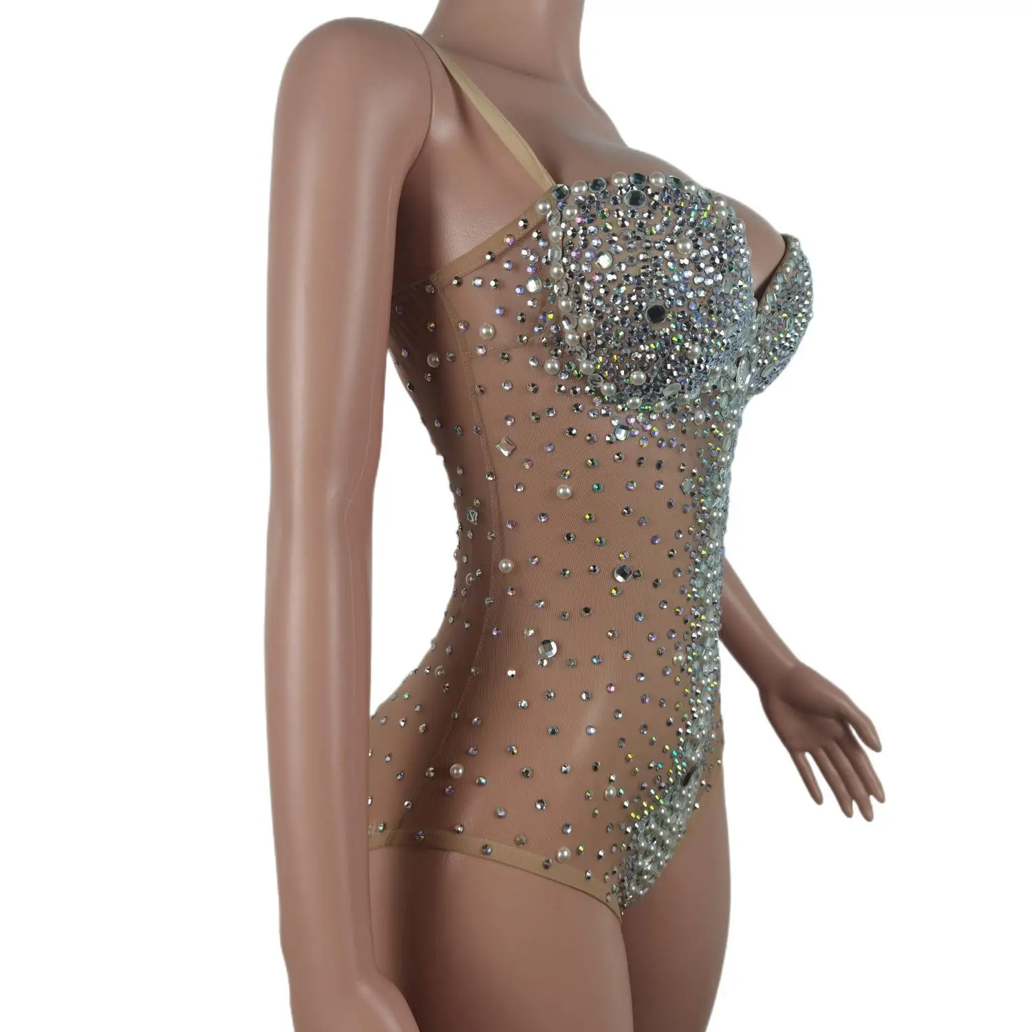 Sexy Rhinestone Dancer Bodysuit Women Sleeveless Elastic Mesh Crystal Jumpsuit Pearls Showgirl Leotard Stage Costume Yemingzhu