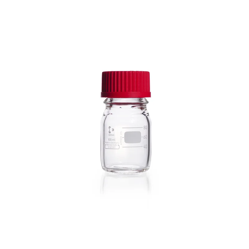 DURAN Original GL 45 Laboratory Bottle, clear, with high temperature resistant screw cap (PBT, red) and pouring ring (ETFE, red)