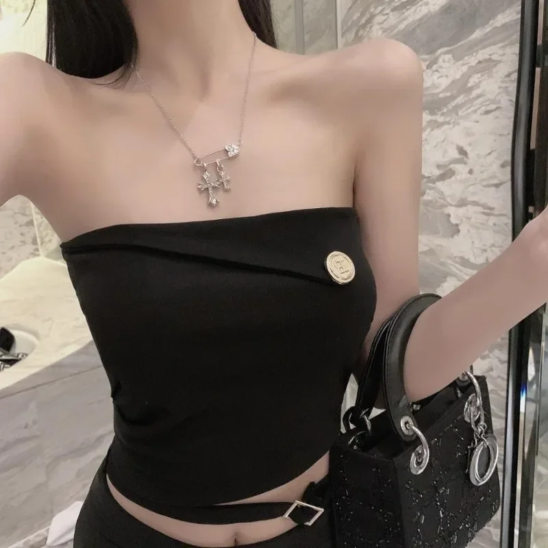 Women Summer Sexy Hottie Slim Appear Thin Solid Color Bottoming Tube Top Ladies Fashion Buttons Temperament All-match Camisole