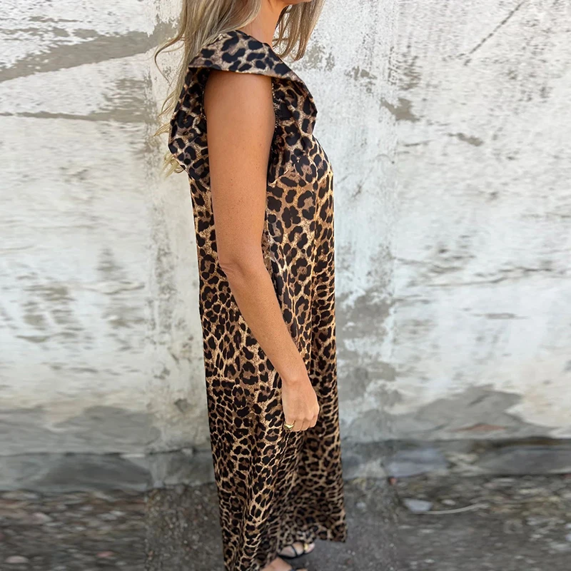 Summer Women Jumpsuit Loose Fashion V Neck Short Sleeve Ruffle Sleeves Long Pants Playsuits Women Leopard Printed Rombers