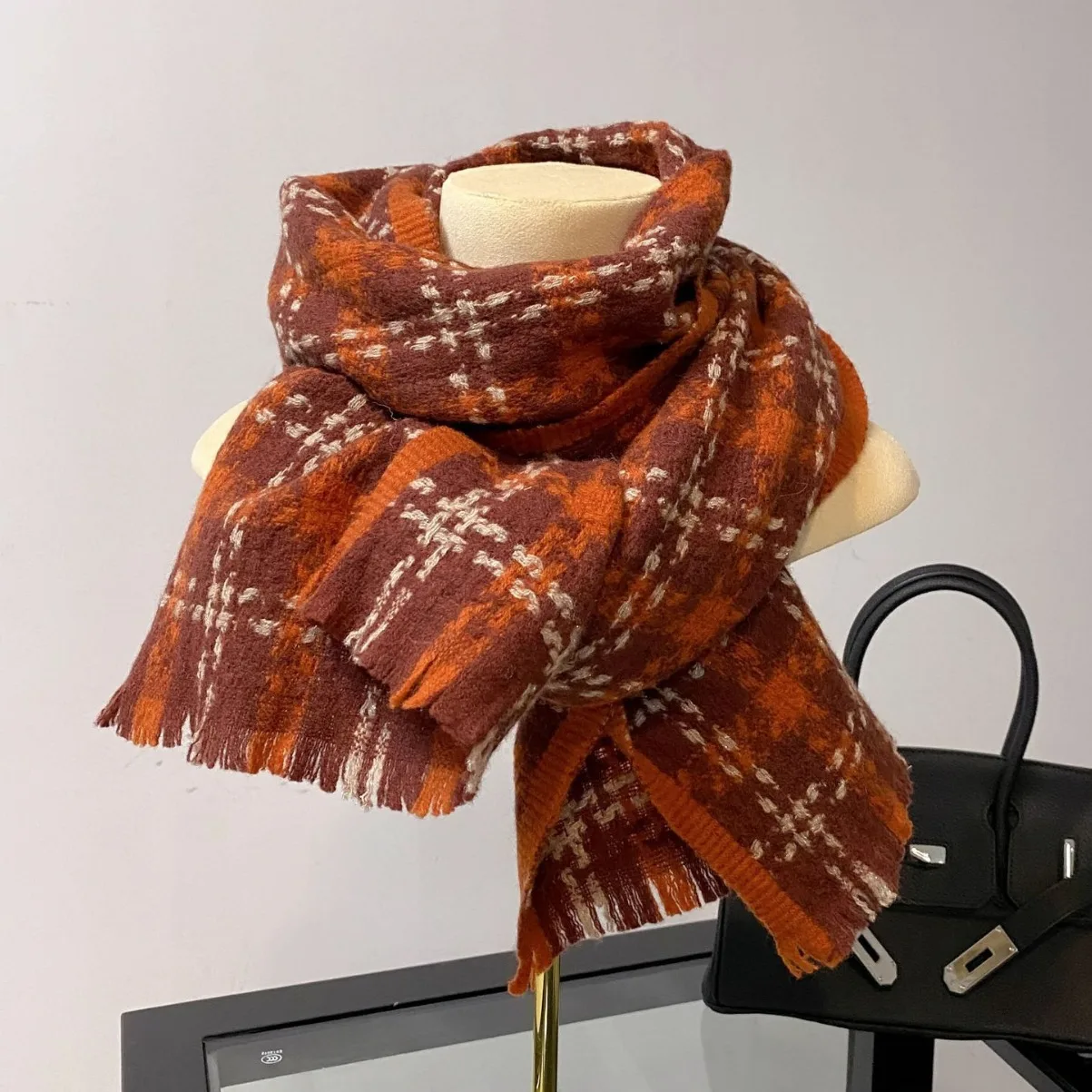 Silver Thread Plaid 100% Wool Scarf for Women, Winter Warm Tweed Style Shawl, Long Fringe Raw Edge Neck Wrap