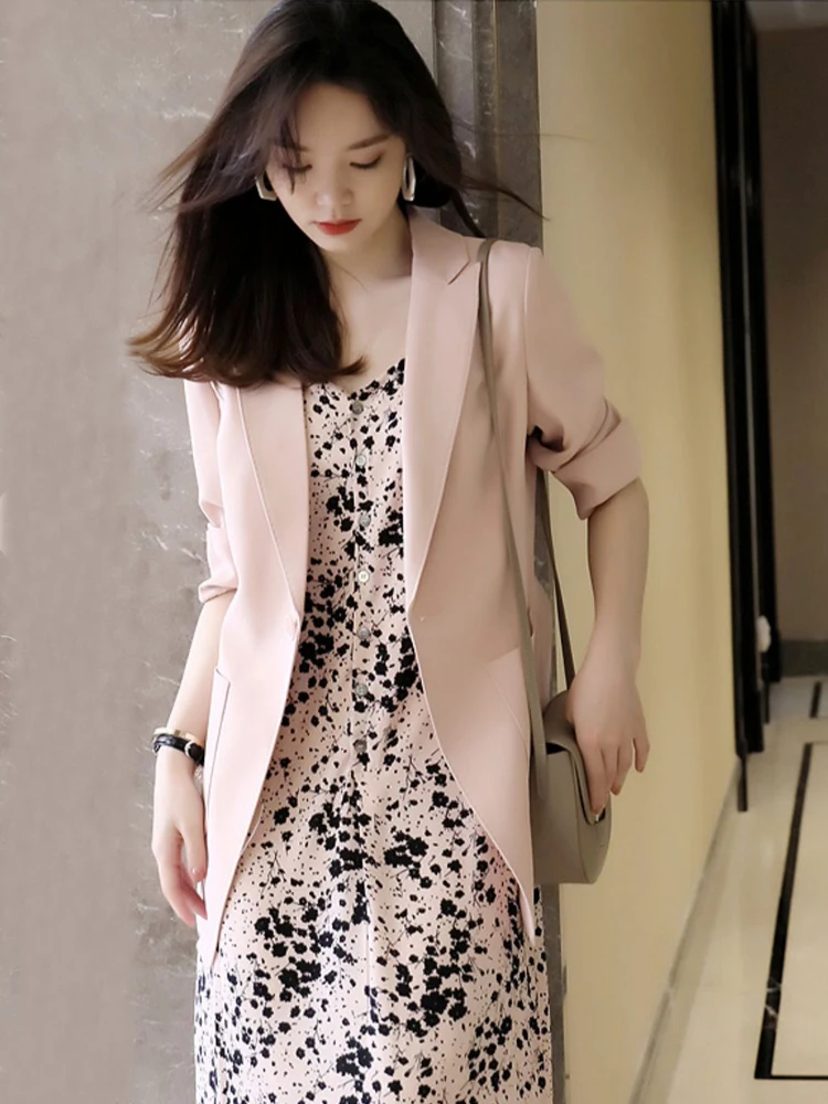 Pink Suit Jacket Women's Summer Thin Flower Print Half Sleeve Inner Matchings Set Casual Business Style Polyester Fiber