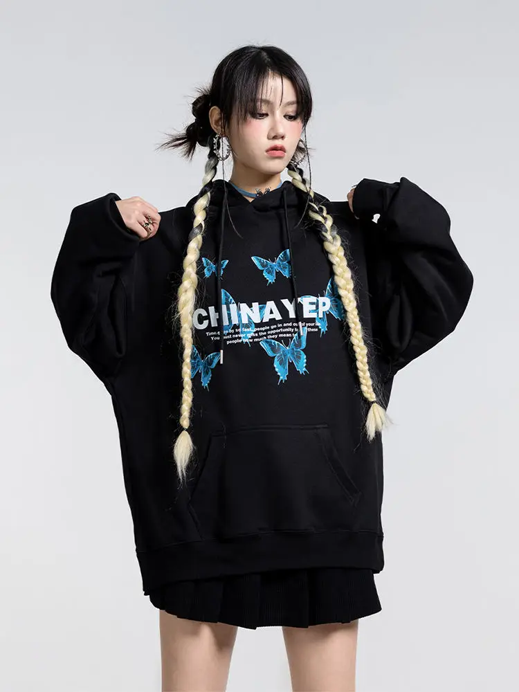 Woman Clothing Hip Hop Top Hooded Graphic Loose Women's Sweatshirt Black Baggy Hoodies Korean Streetwear Y2k 90s Vintage Trend M