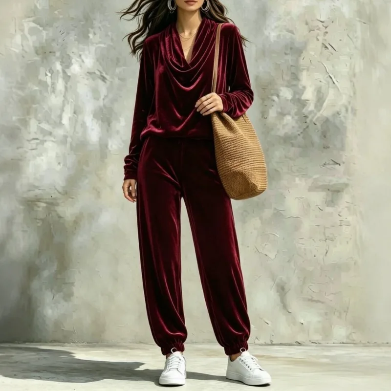 2026 Draped Neck Long Sleeve Top Jogger Pants Set Women Casual European New