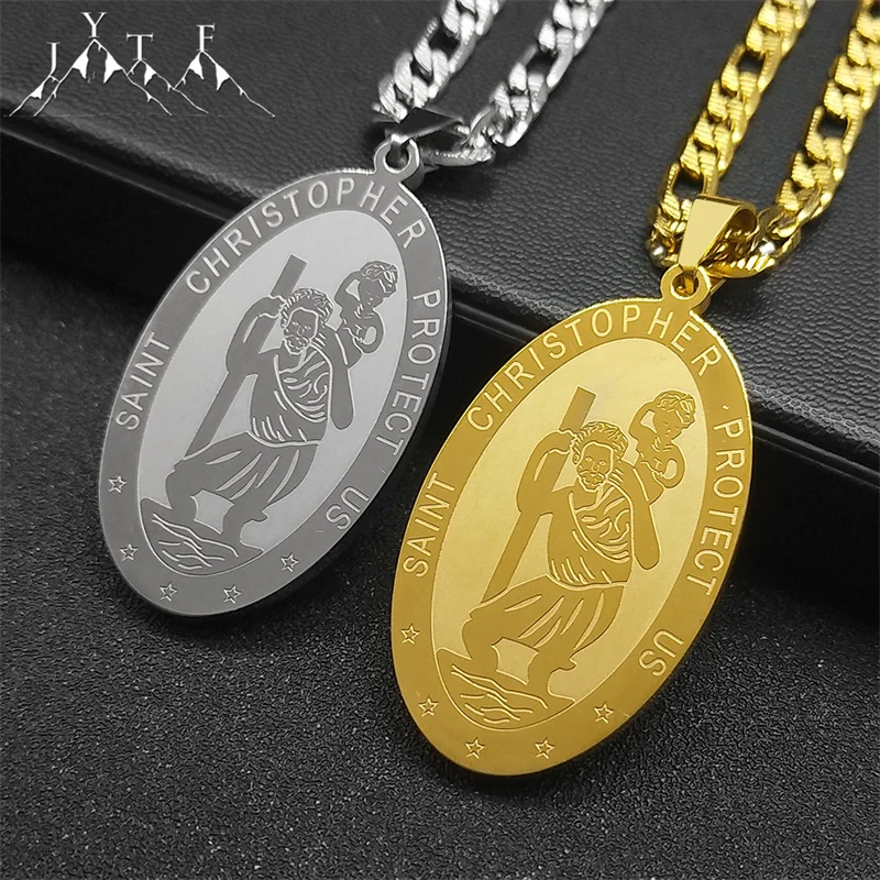 

Christian Jesus Saint Christopher Protect Us Pendant Necklace For Women Men Stainless Steel Gold Color Oval Punk Party Jewelry