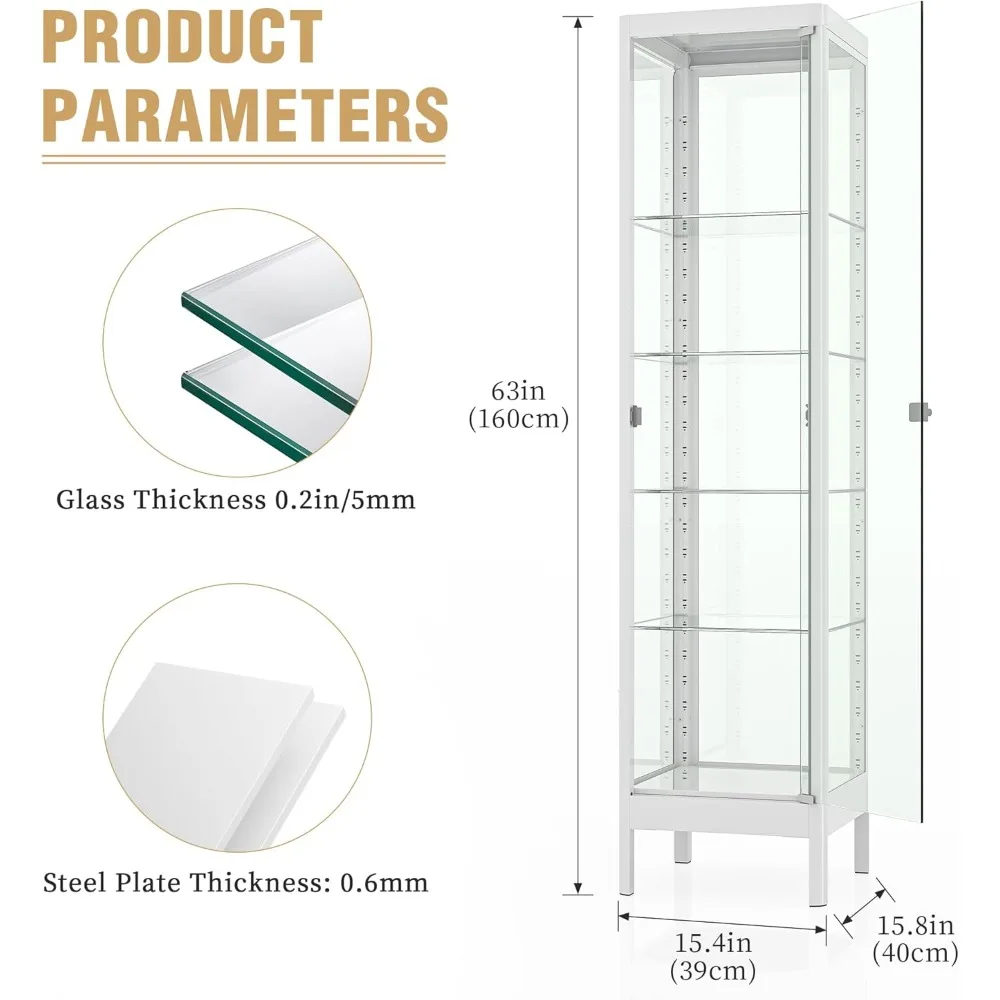 "Vitório de vidro de sessenta e três polegadas com prateleiras ajustáveis, iluminação LED colorida e trava"