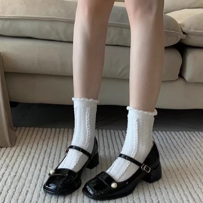 

Осень 2024, новые женские туфли на высоком каблуке, модный дизайн на массивном каблуке, женская повседневная одежда для вечеринок и работы, белые кожаные туфли Мэри Джейн