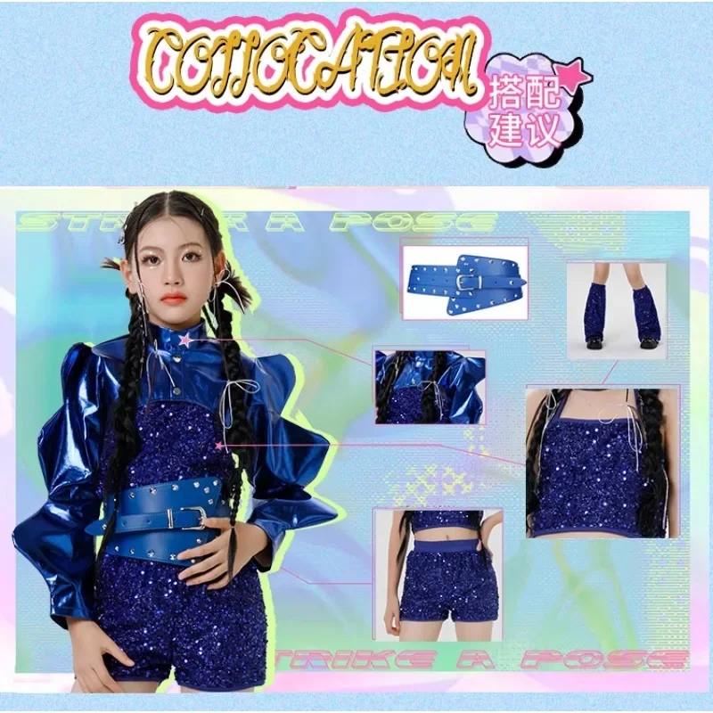 Kinderen Jazzdans Paillettenkostuum Hipster Meisjes Mode Pailletten Street Dance Set Meisjes Runway Stage Performance Blauw Pak