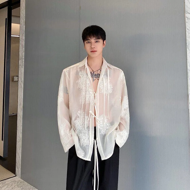 

Men Chinese Sheer Thin Sexy Embroidery Tops Shirts Male Bandage Design Blouse Gentleman Ins Chic Y2K Cool Handsome Streetwear