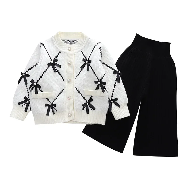 Girls Sweater Suit 2023 Autumn and Winter New Bow Cardigan Top Knitted Two-Piece Korean Style 3 Wide Leg Pants 2