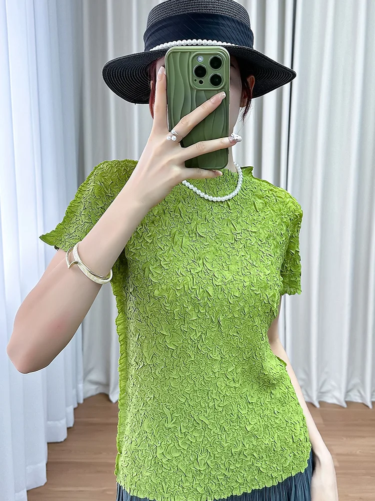 

Casual Loose round Neck T-Shirt Korean Design Sensation 2026 New Folded Hollow out Three-Residence Art Creation Match All