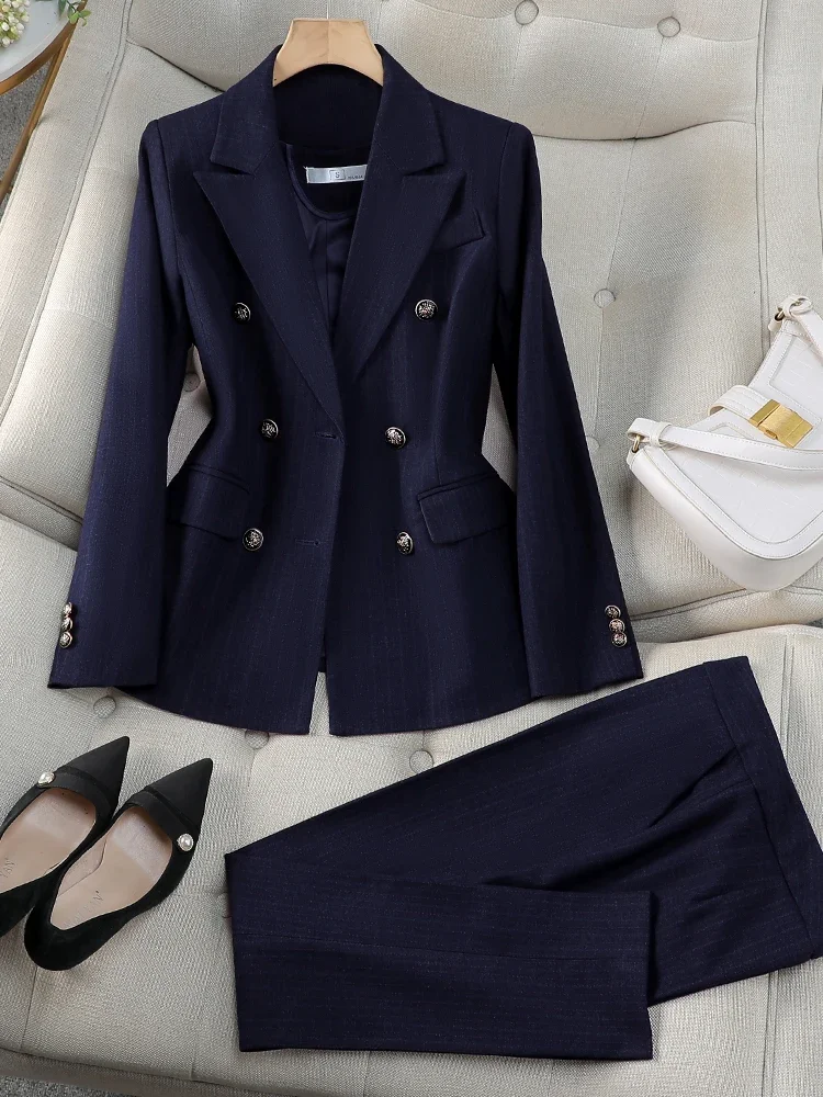 

Women Pant Suit Office Ladies Female Business Work Wear 2 Piece Set Black Blue Striped Formal Blazer Jacket And Trouser