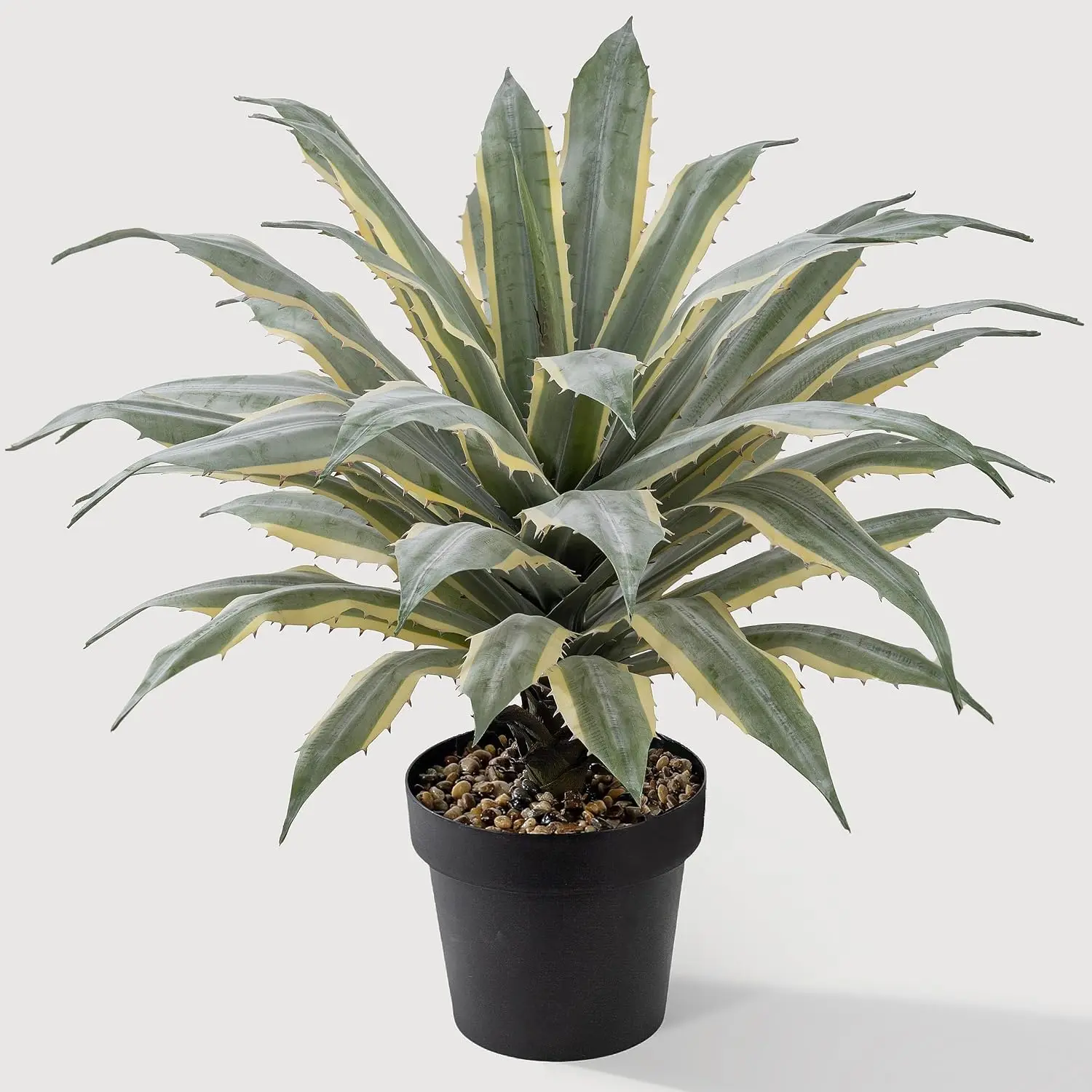 Artificial Agave Plant, 32 Inch Tall Large Faux Agave with Two-Tone Sawtooth Edged Leaves, Planted in Black Pot with Real Stone Pebbles, Indoor Outdoor Fake Plants