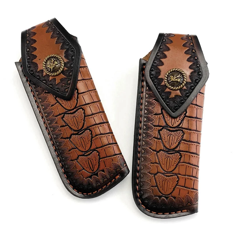 Genuine Cowhide Folding Knife Sheath - Universal Full-Grain Leather Case for Swiss Army Knife Embossed Design