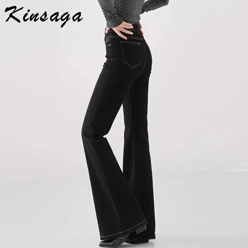 Kinsaga High Waist Slimming Black Micro Flare Jeans Women Korean Style Pear Shape Narrow Wide-Leg Pants Black Mopping Horn Jeans