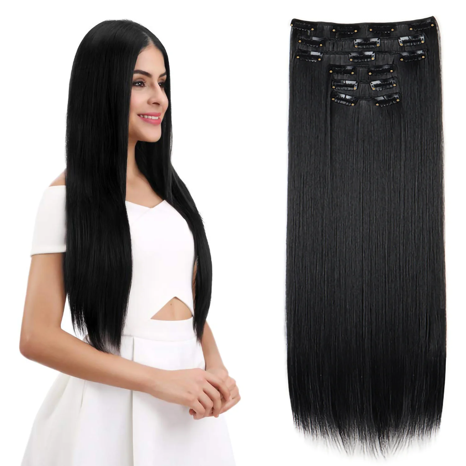 24 Zoll 16 Clips in Haarverlängerungen Lange glatte Frisur Synthetische blonde schwarze Haarteile Hitzebeständiges Kunsthaar Täglicher Gebrauch – Detail 8