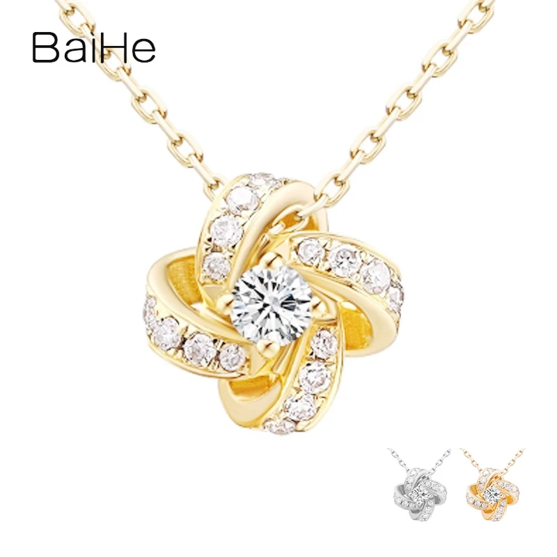 BAIHE Solid 18K Yellow Gold 0.08ct H/SI Natural Diamond Windmill Necklace Women Wedding Engagement Trendy Fine Jewelry chains