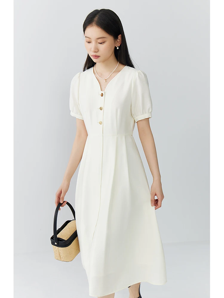 ZIQIAO French Style Commuter Temperament V-Neck Dress For Female 2024 Summer New White A-Line Mid-Length Dress 24ZQ92053