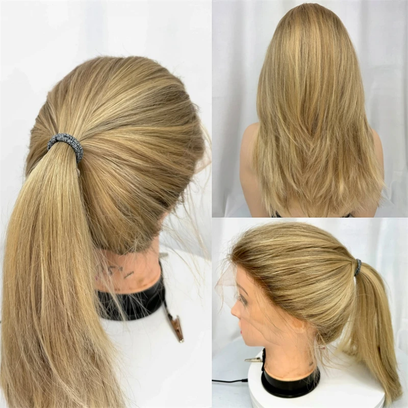 

13x4 Ombre Золотисто-русый балаяж Синтетический HD парик фронта шнурка Натуральная линия волос 180% плотность волос Термостойкое волокно для женщин