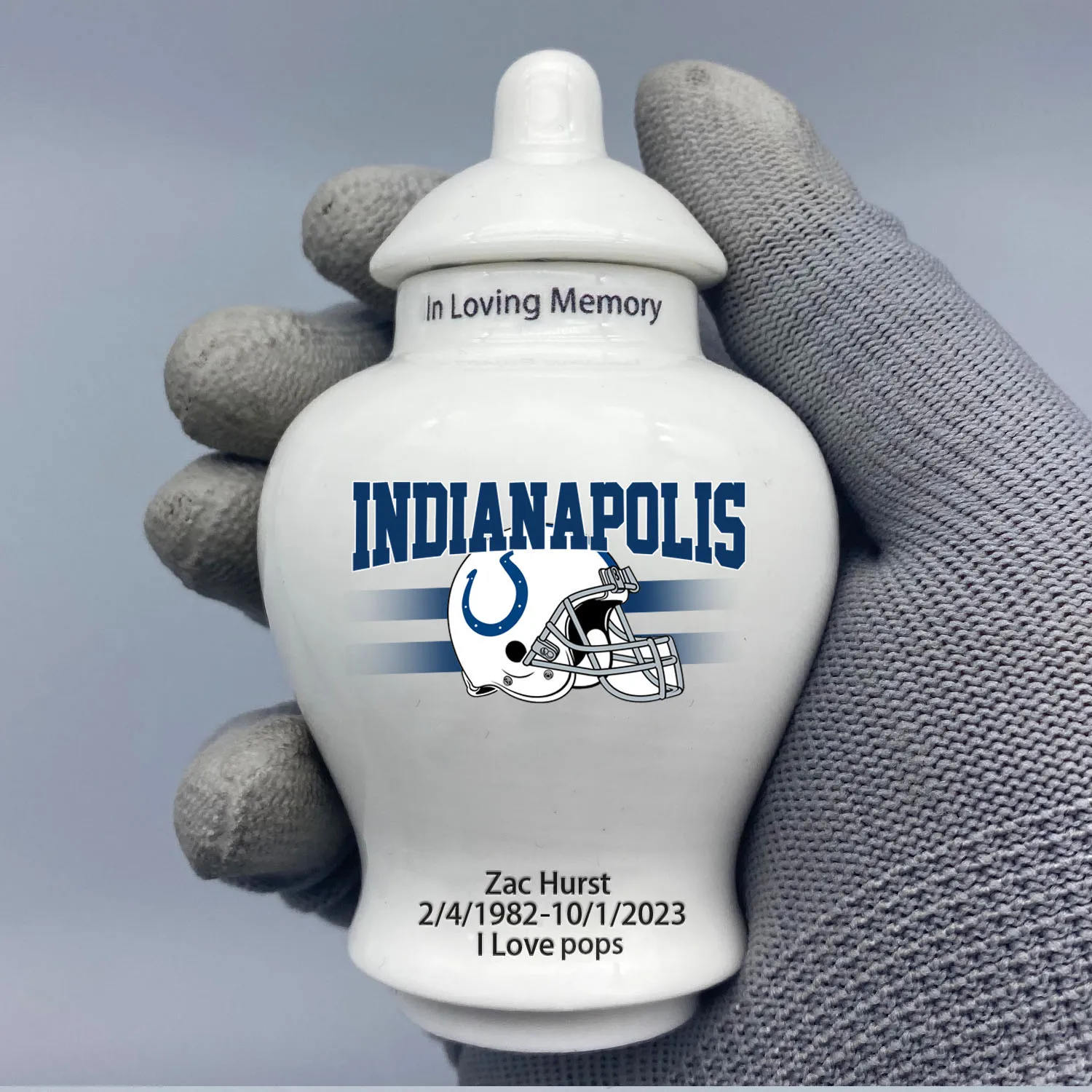 Mini Urn for Indianapolis Colts-themed Logo Urn.Please send me the customization information - name/date and number on the urn!