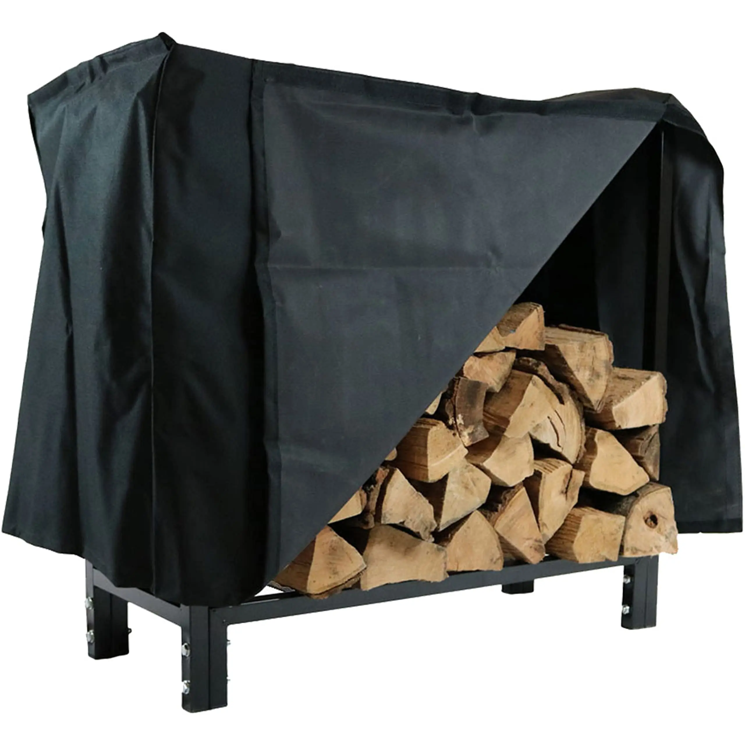 Sunnydaze Outdoor Firewood Holder with Cover, 500 lb Weight Capacity, Black