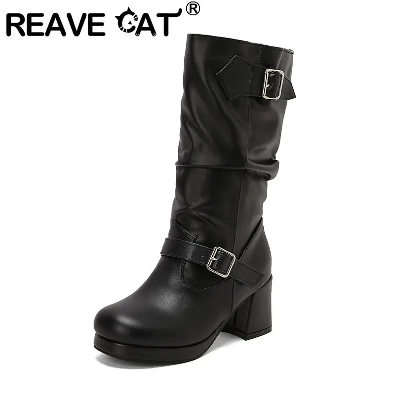 

REAVE CAT Female Mid Calf Boots Square Toe 6.5cm Thick Heel 2.5cm Platform Belt Buckles Slip On Large Size 46 47 48 Party Bota