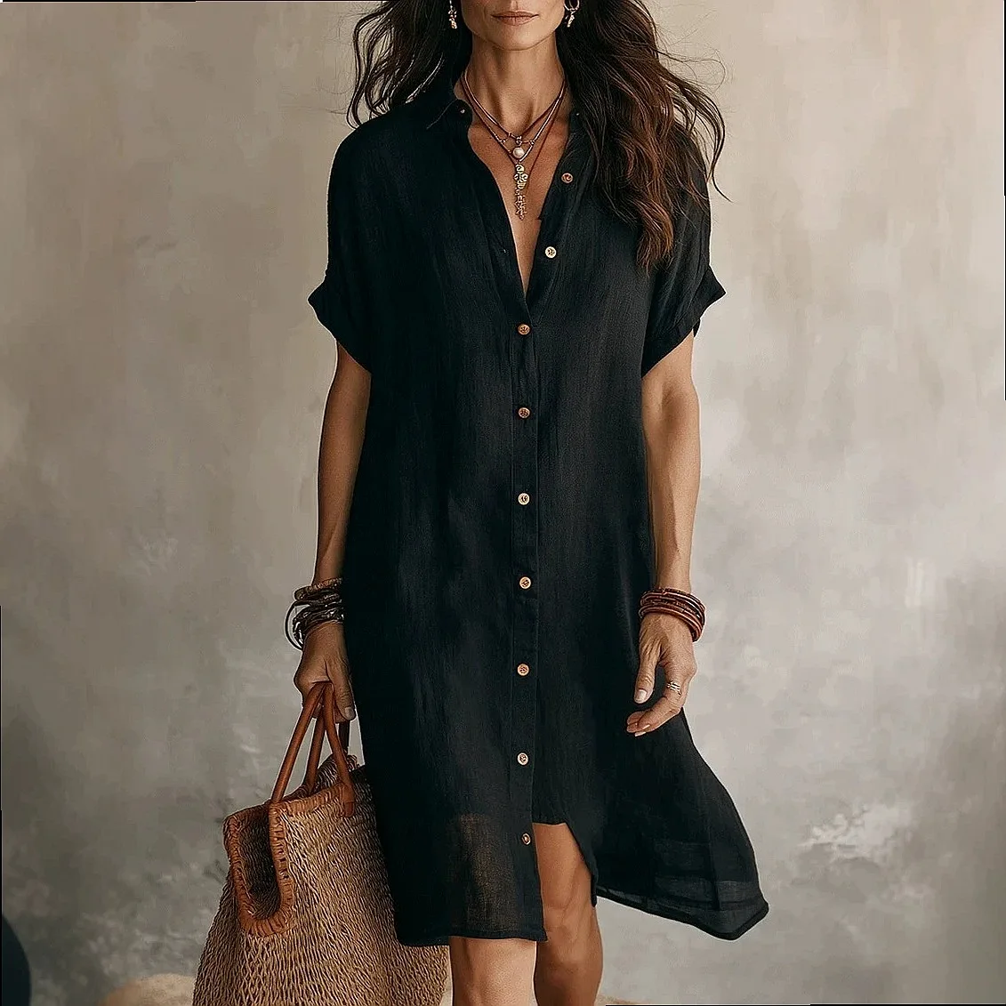 Summer Short Sleeve Button Down Shirt Dress for Women Solid Color Midi Dress Shirt Dresses