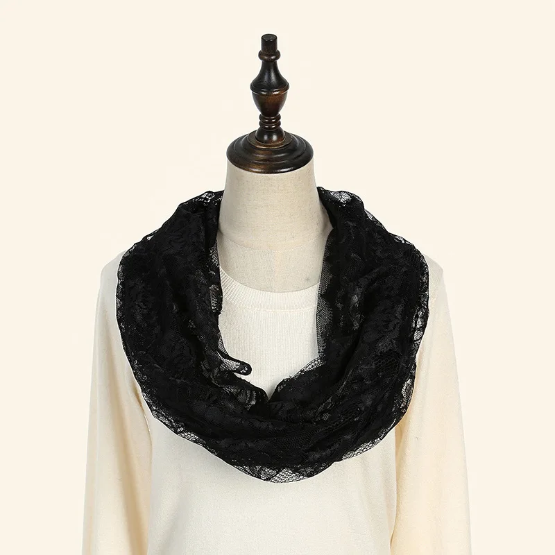 Korean Style New Women Lace Flower Scarf Autumn Lady White Black Solid Color Ring Scarves Soft Shawl Foulard Female Wrap Shawls