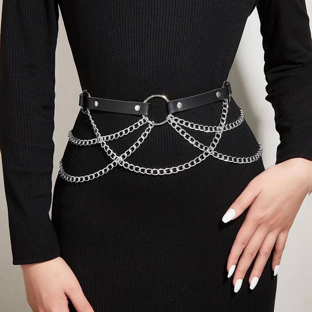 Women Sexy Body Chains Pu Leather Belly Belt Chains Waist Belt With Chains Harness Belt Jewelry for Women Gothic Accessories