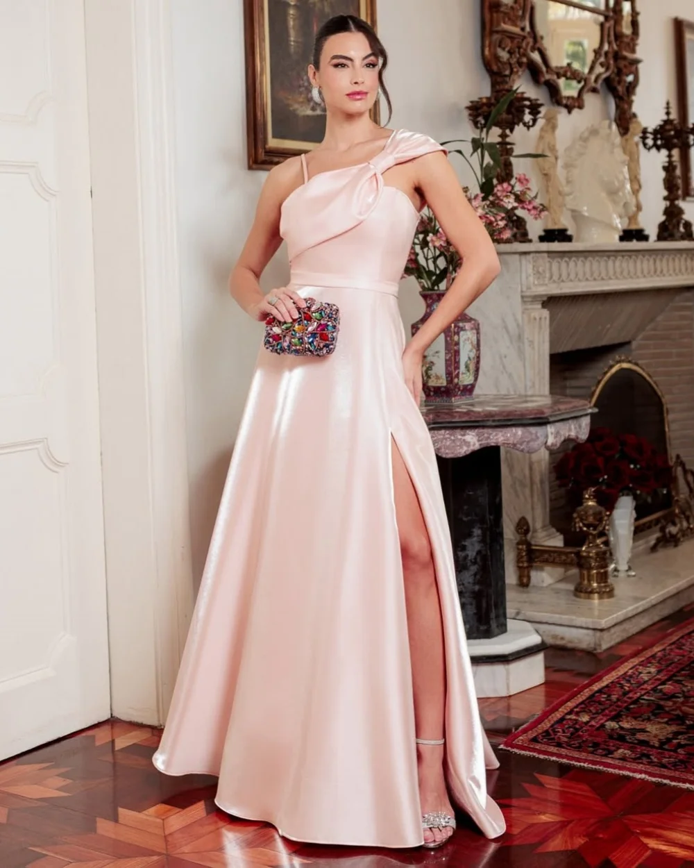 

Customized High Quality Simple Charmeuse Ruched Pleat A-line Off-the-shoulder Long Dresses Bespoke Occasion Dresses Modern Style