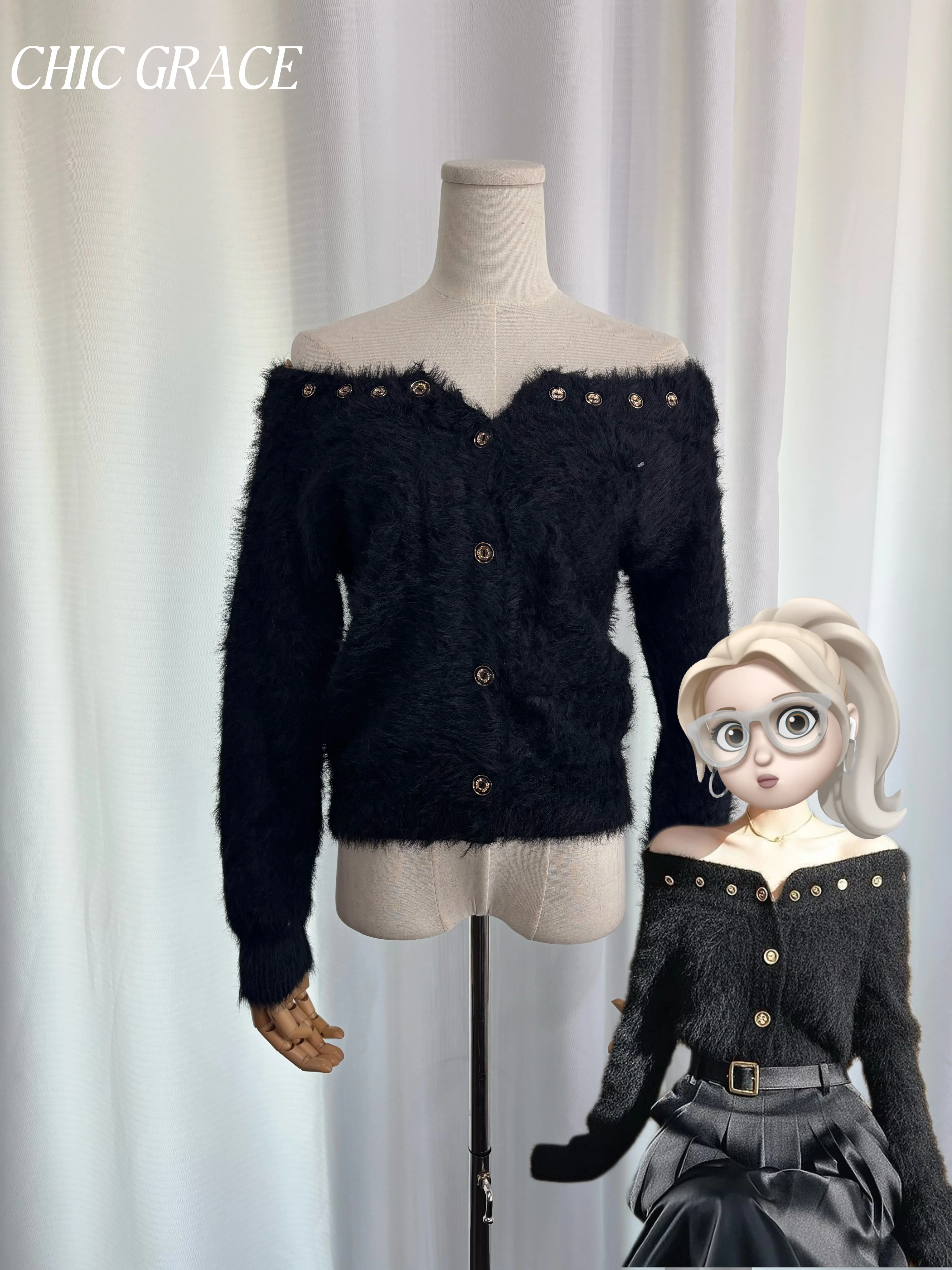 

Женский шикарный вязаный свитер с открытыми плечами, кардиган с длинными рукавами из искусственного меха норки, новый стиль весны и осени, элегантный топ для похудения, Rich G