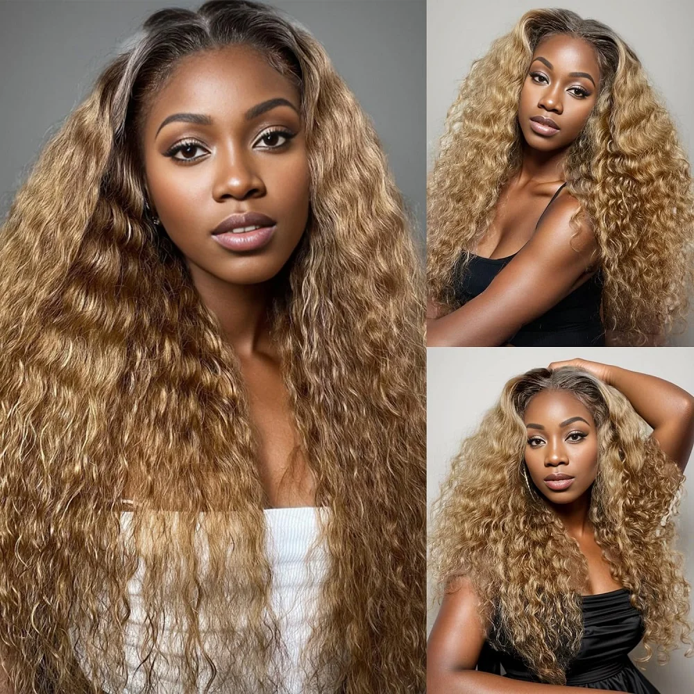 Water Wave Bundles with Closure, Honey Blonde Brazilian Human Hair, 1B/27 Curly