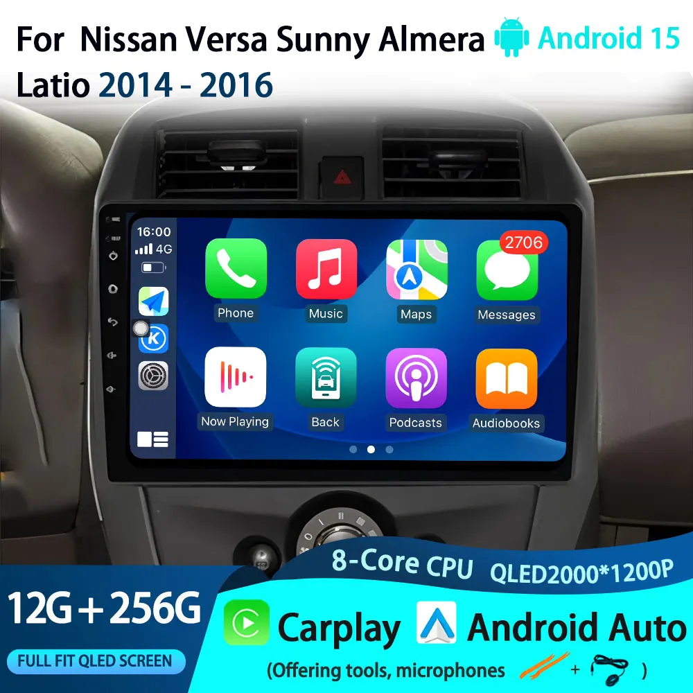 

10“ Car Radio For Nissan Versa Sunny Almera Latio 2014 - 2016 GPS Carplay Multimedia Player Navigation Android 15 Auto DSP BT