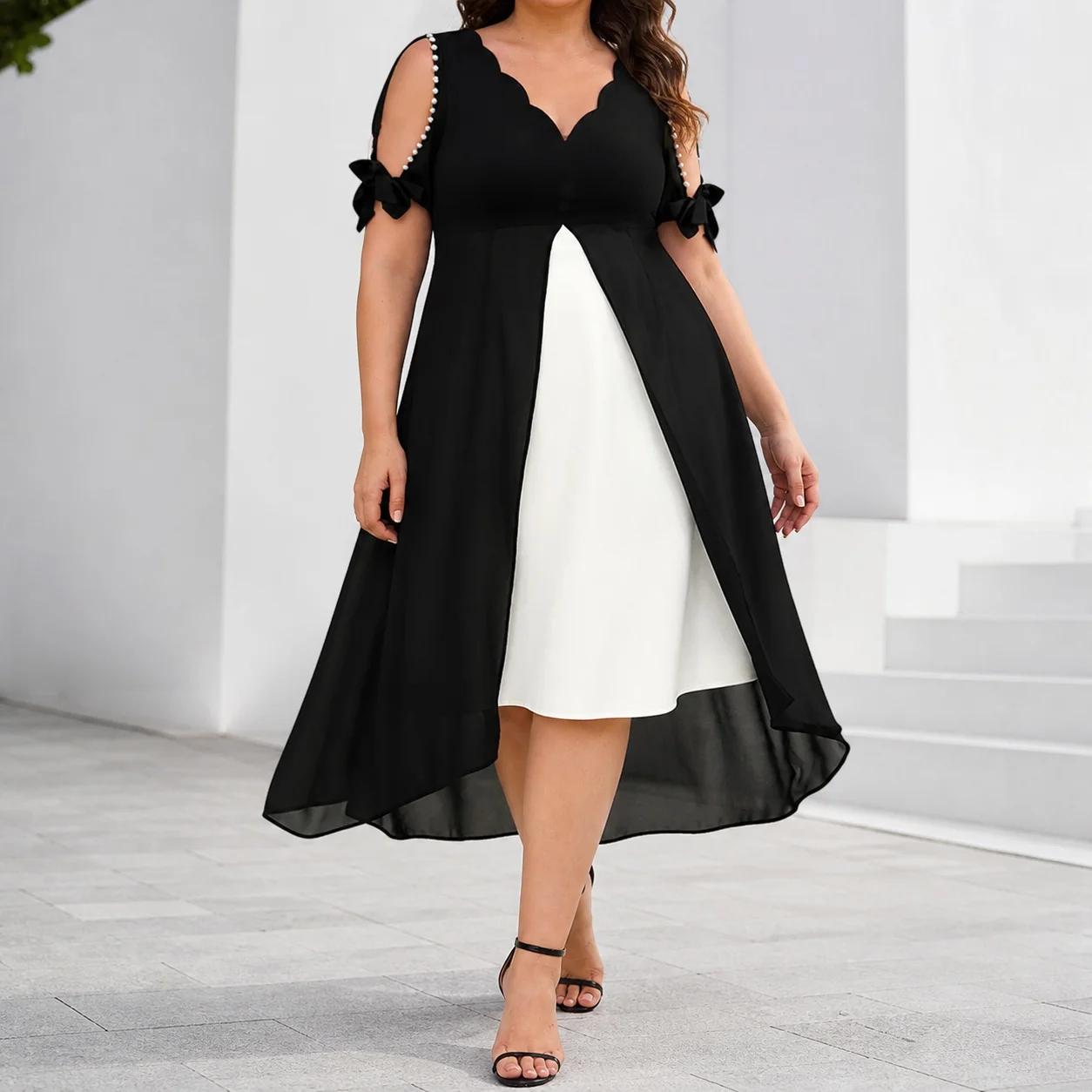 Women's Elegant Party Dress with Half Sleeve, Asymmetrical Hem, Wavy Neck and Color Block Chiffon Long Gothic Mock Two Piece