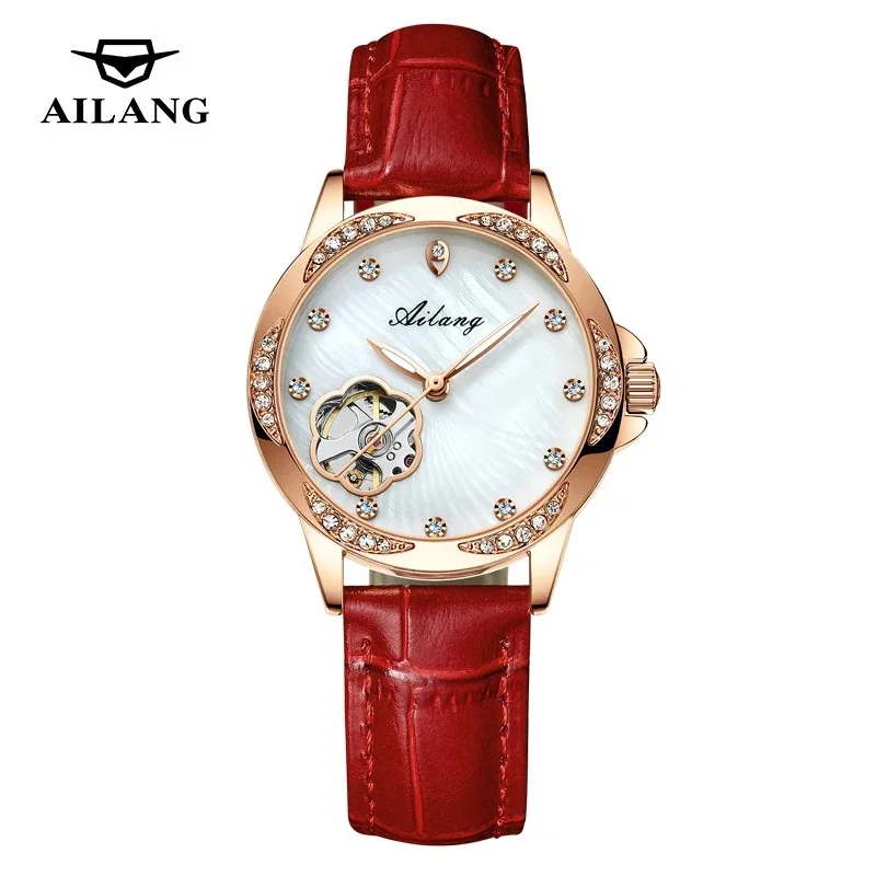 AILANG Women Luxury Diamond Tourbillon Automatic Mechanical Wristwatch, Leather Strap Waterproof Elegant Ladies Watch