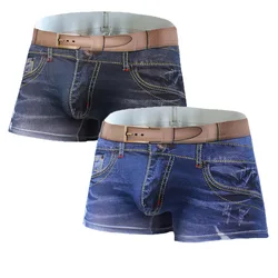 Fashion Men Denim Underwear 3D Print Fake Jeans Cotton Man Boxer Briefs Underwear Underpants Elastic Shorts Trunks