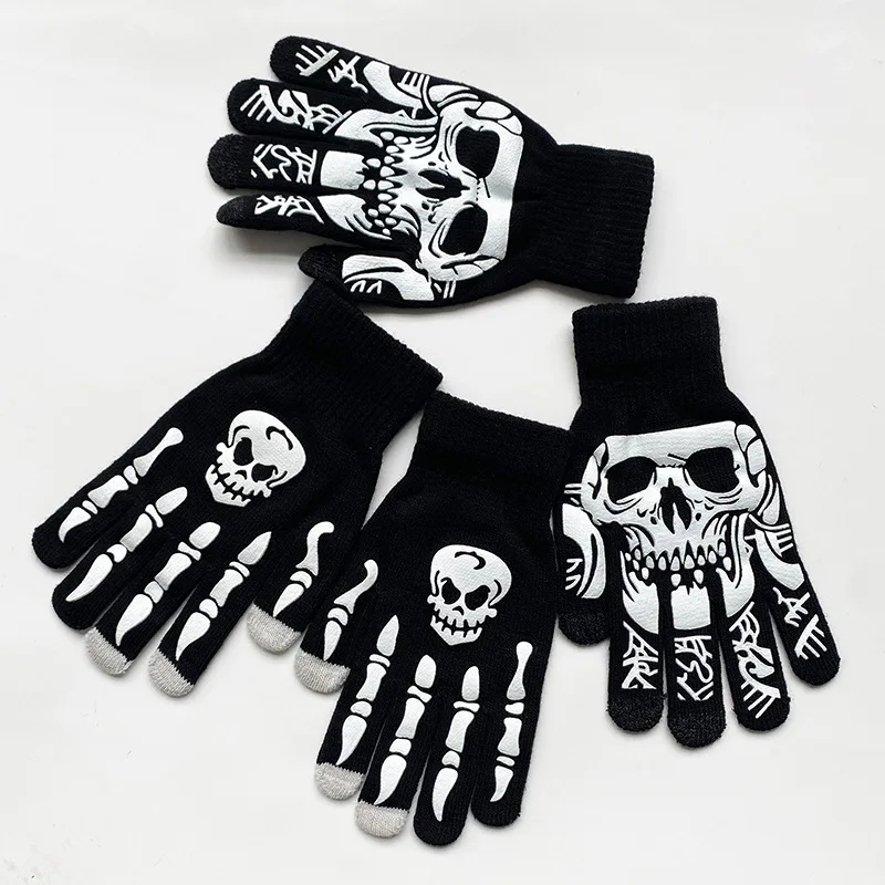 TZTOOZ New Adult Kids Halloween Skeleton Skull Half Finger Luminous Punk Gloves Winter Skull Fingerless Black Mitten